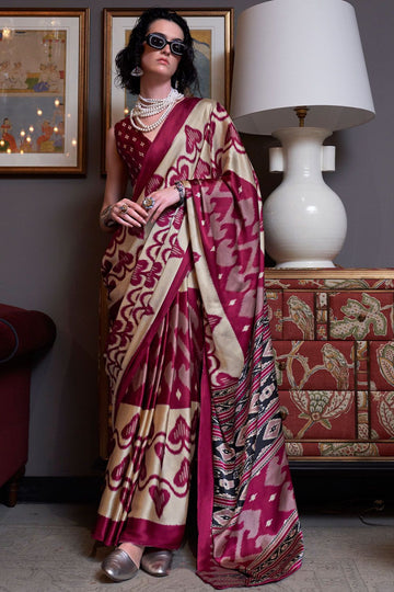 Maroon and Beige Satin Crepe Saree with Abstract Print