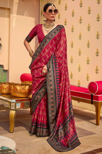 Maroon Foil Print Silk Saree for Party