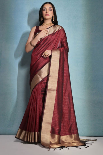Maroon Raw Silk Woven Party Wear Saree
