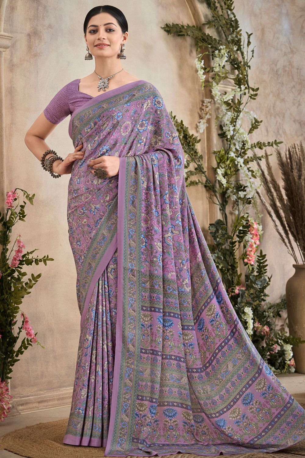 Mauve Digital Print Silk Crepe Saree for Party