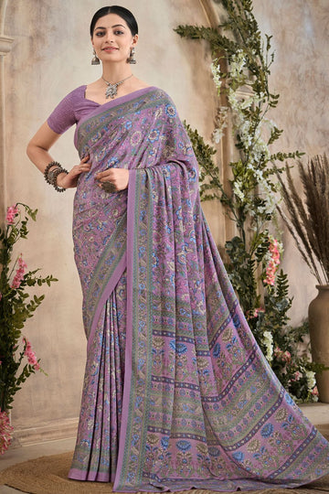 Mauve Digital Print Silk Crepe Saree for Party
