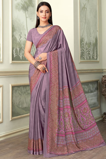 Mauve Silk Crepe Saree with Digital Print