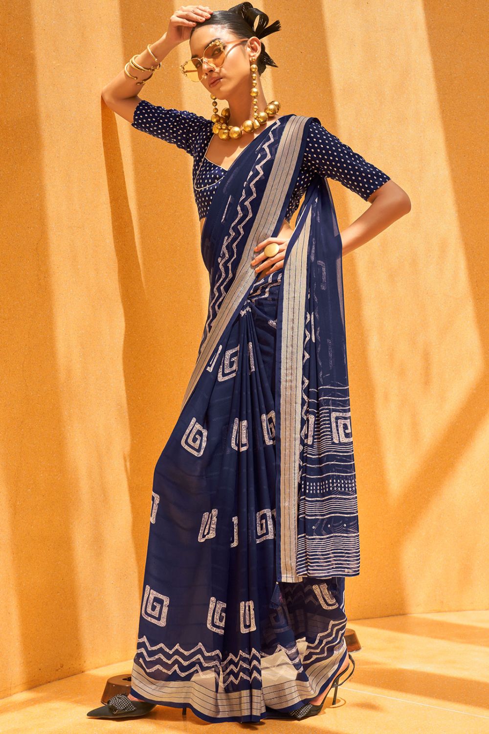 Midnight Blue Georgette Saree with Foil Print