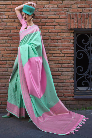 Mint Green and Cherry Pink Handloom Weaving Silk Saree for Party