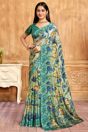 Mint Green Silk Crepe Saree with Digital Print