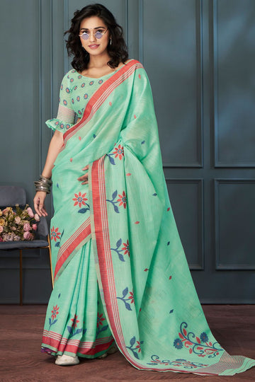 Mint Green Linen Handloom Weaving Saree