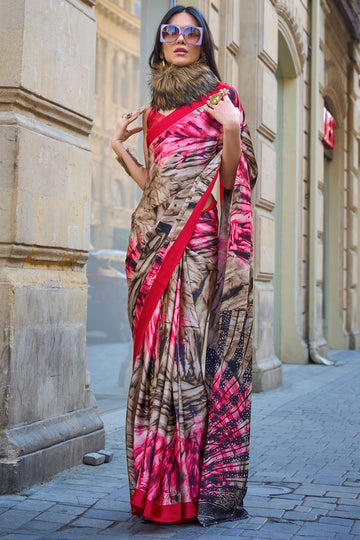Multicolor Digital Print Satin Crepe Saree for Party