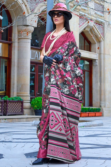 Multicolor Digital Print Satin Crepe Saree for Party