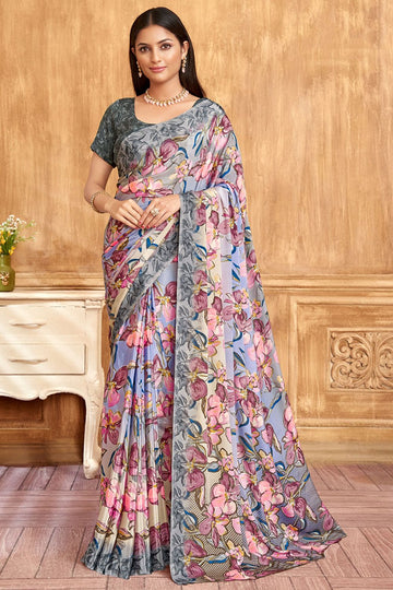 Multicolor Silk Crepe Saree with Digital Print