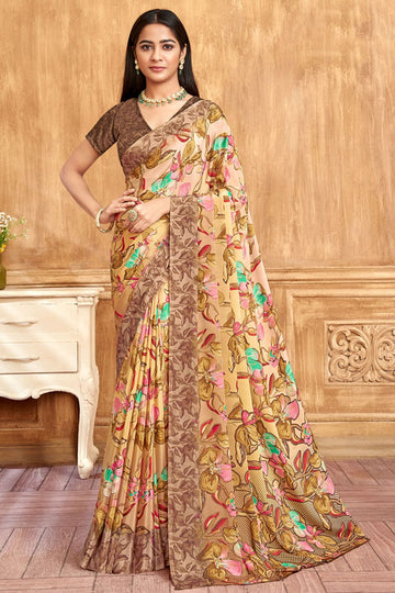 Mustard and Beige Silk Crepe Saree with Digital Print