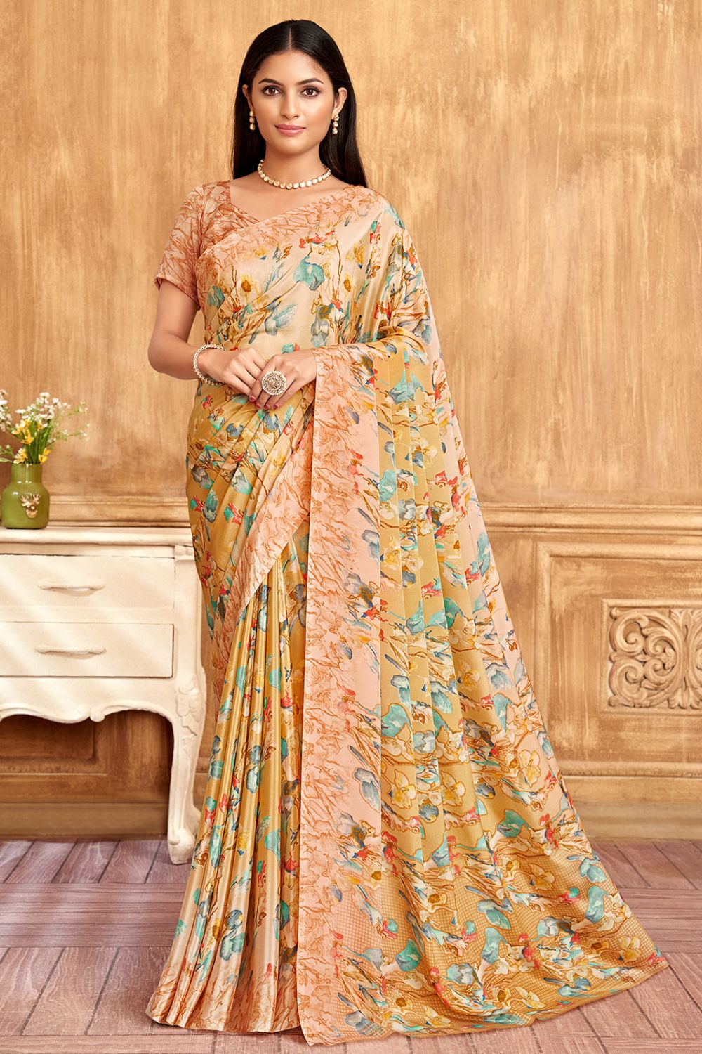 Mustard Silk Crepe Saree with Digital Print