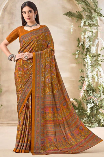 Mustard Printed Silk Crepe Saree for Party
