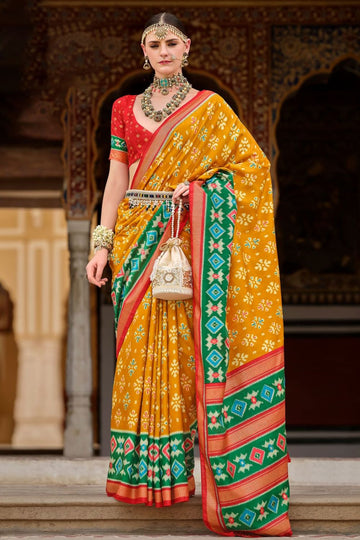 Mustard Yellow Printed Art Silk Saree
