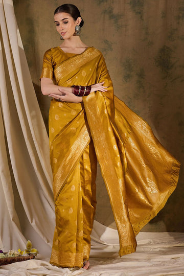 Mustard Yellow Banarasi Silk Woven Saree for Festival