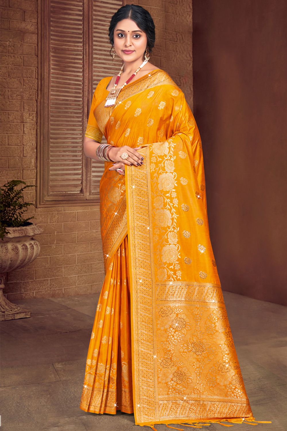 Mustard Yellow Silk Woven Work Saree