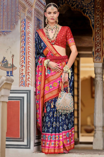 Navy Blue Printed Art Silk Saree