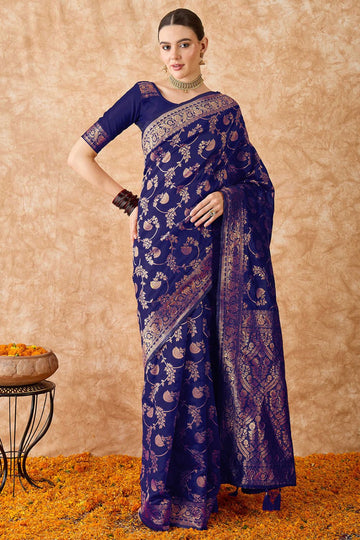 Navy Blue Banarasi Silk Saree for Festival