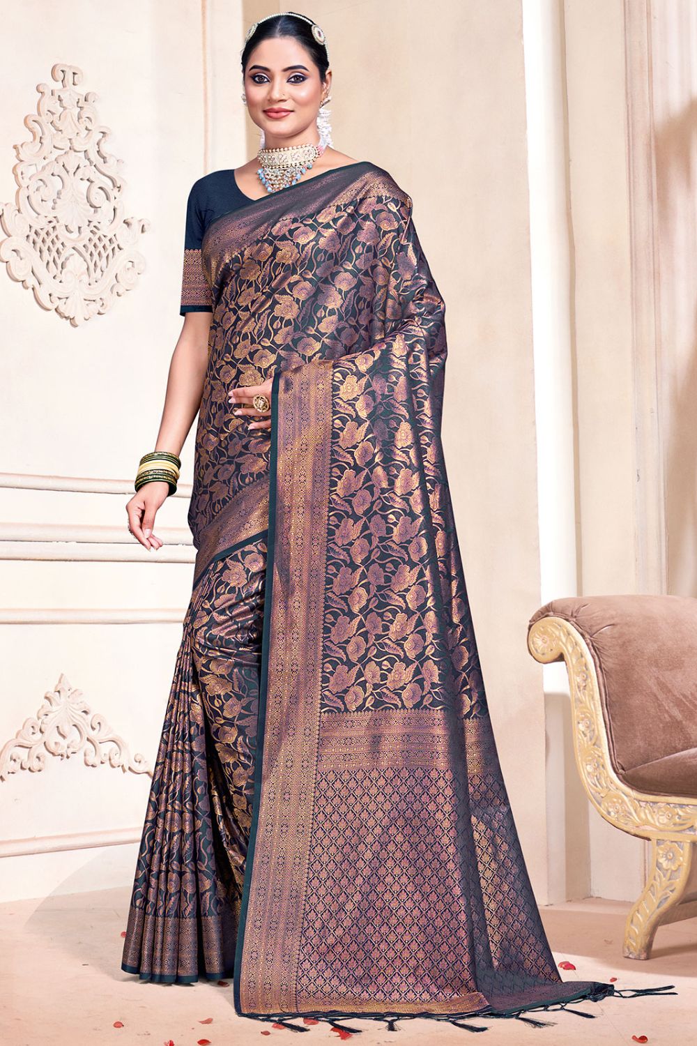 Navy Blue Banarasi Silk Zari Woven Saree