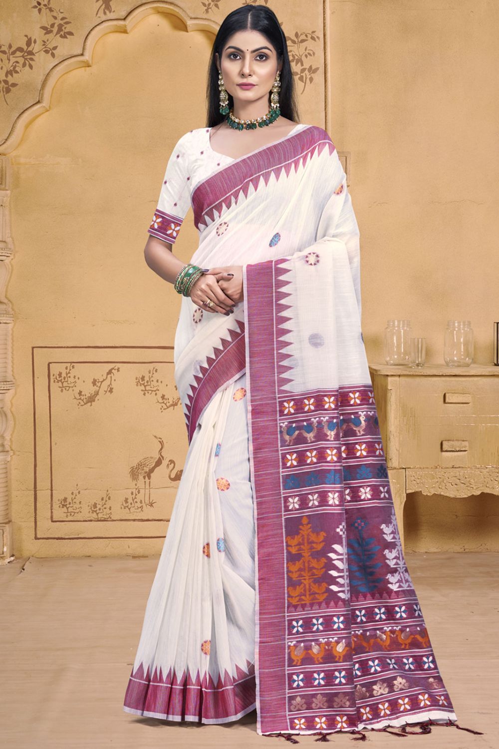 Off White Cotton Ptinted Saree