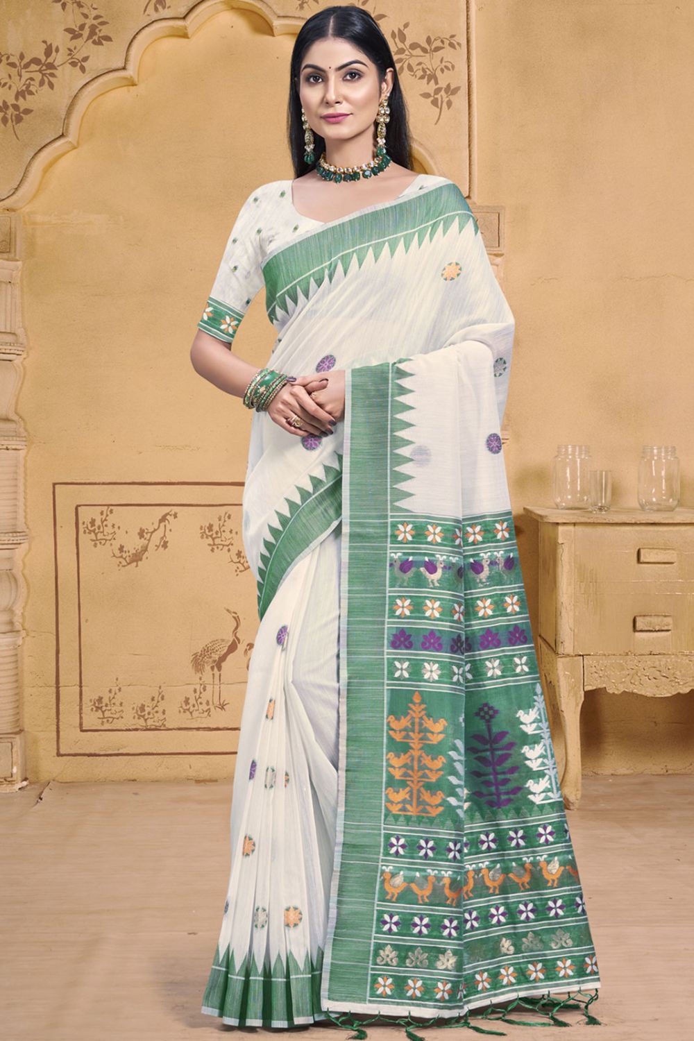 Off White Cotton Ptinted Saree