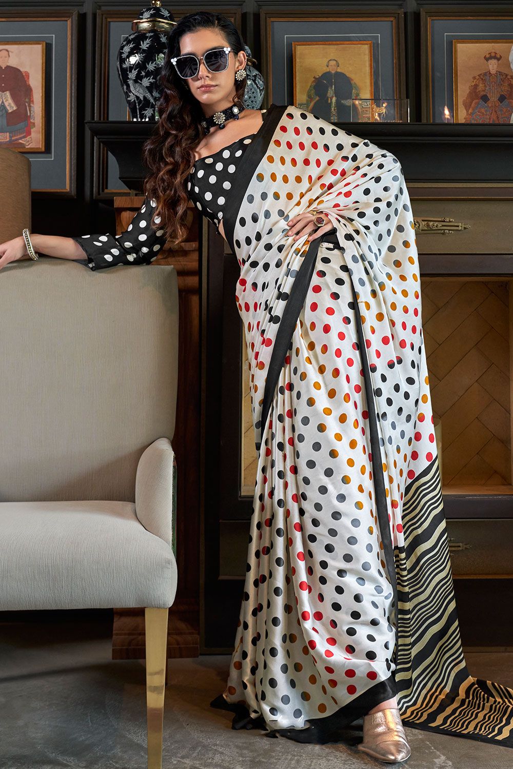 Off White Satin Crepe Saree with Abstract Print