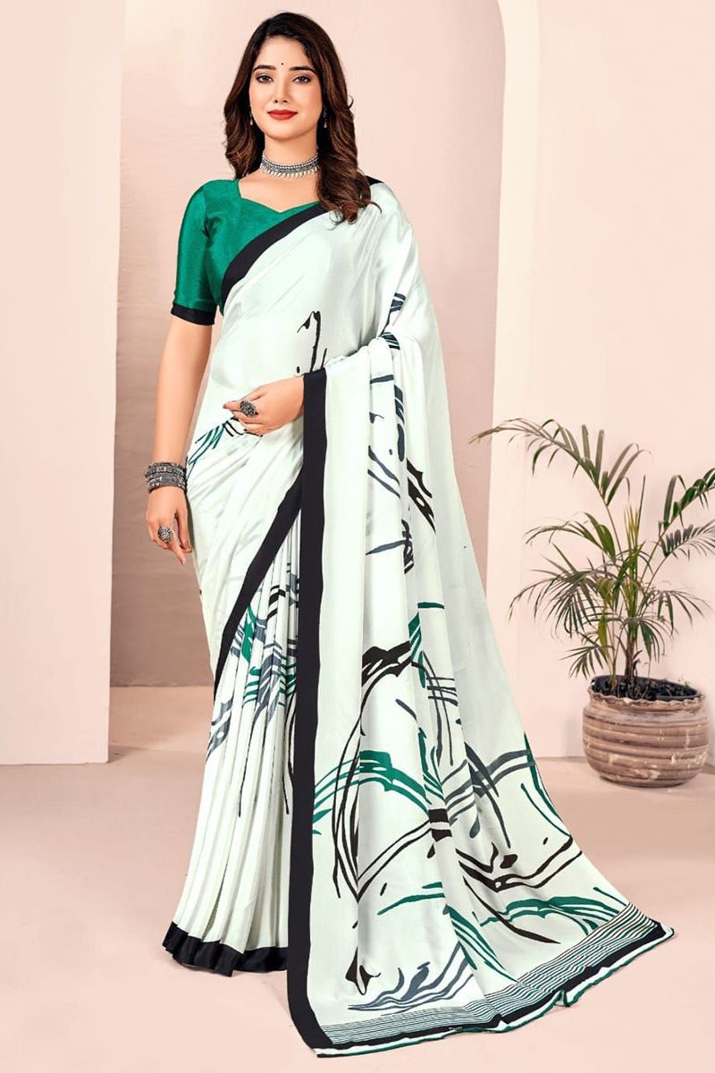 Off White Digital Print Silk Crepe Saree for Party