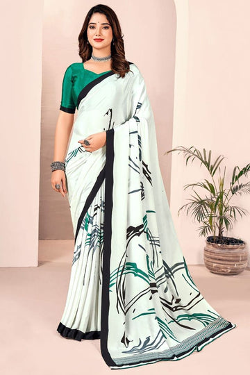 Off White Digital Print Silk Crepe Saree for Party