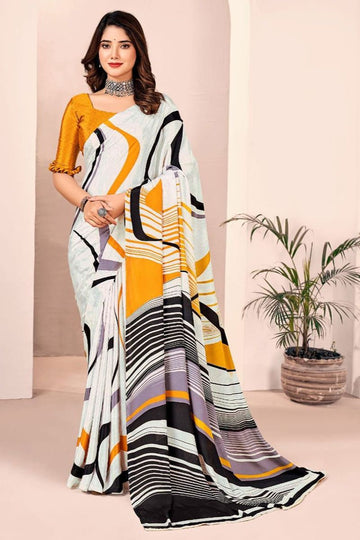 Off White Digital Print Silk Crepe Saree for Party