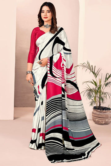 Off White Digital Print Silk Crepe Saree for Party
