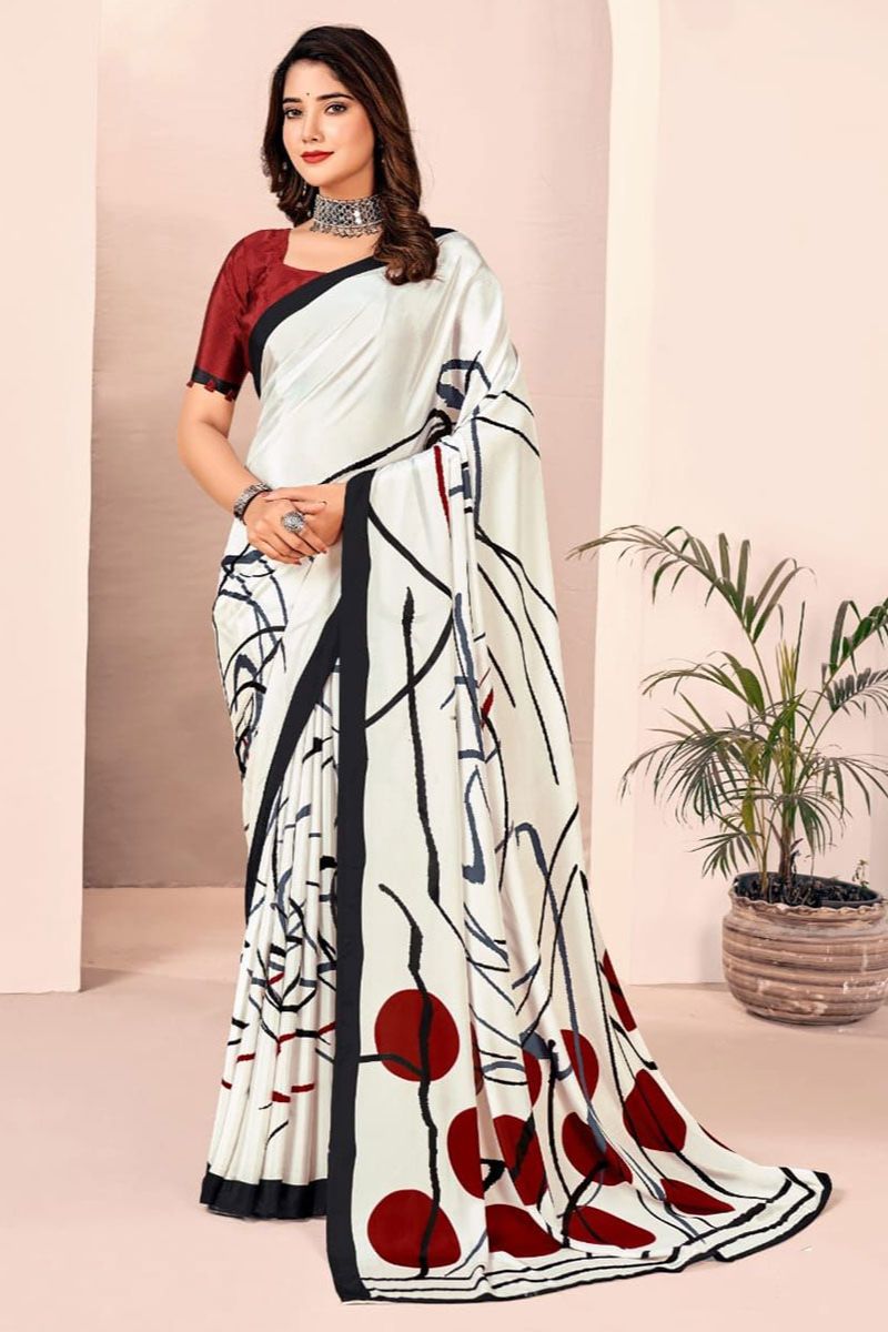 Off White Digital Print Silk Crepe Saree for Party