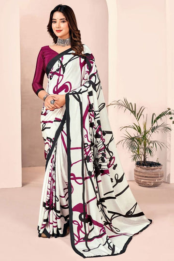 Off White Digital Print Silk Crepe Saree for Party
