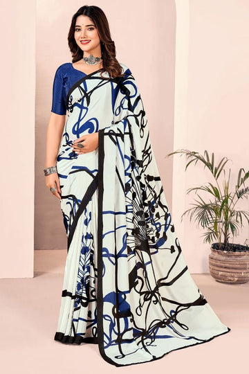 Off White Digital Print Silk Crepe Saree for Party