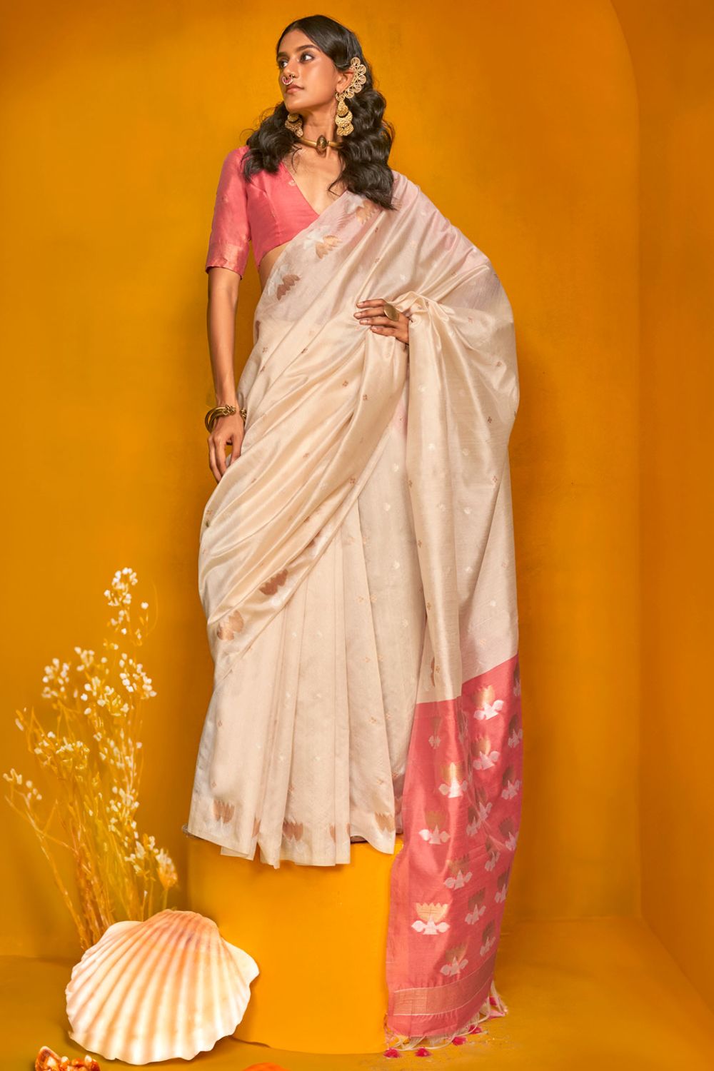 Off White Woven Handloom Tussar Silk Saree