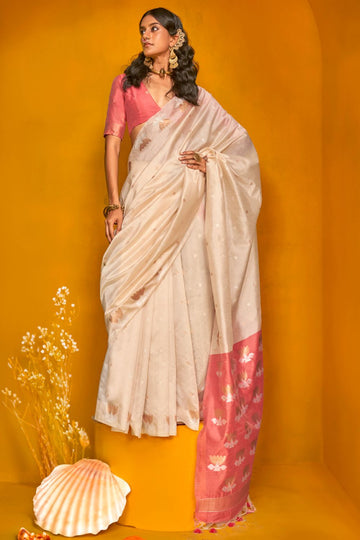 Off White Woven Handloom Tussar Silk Saree