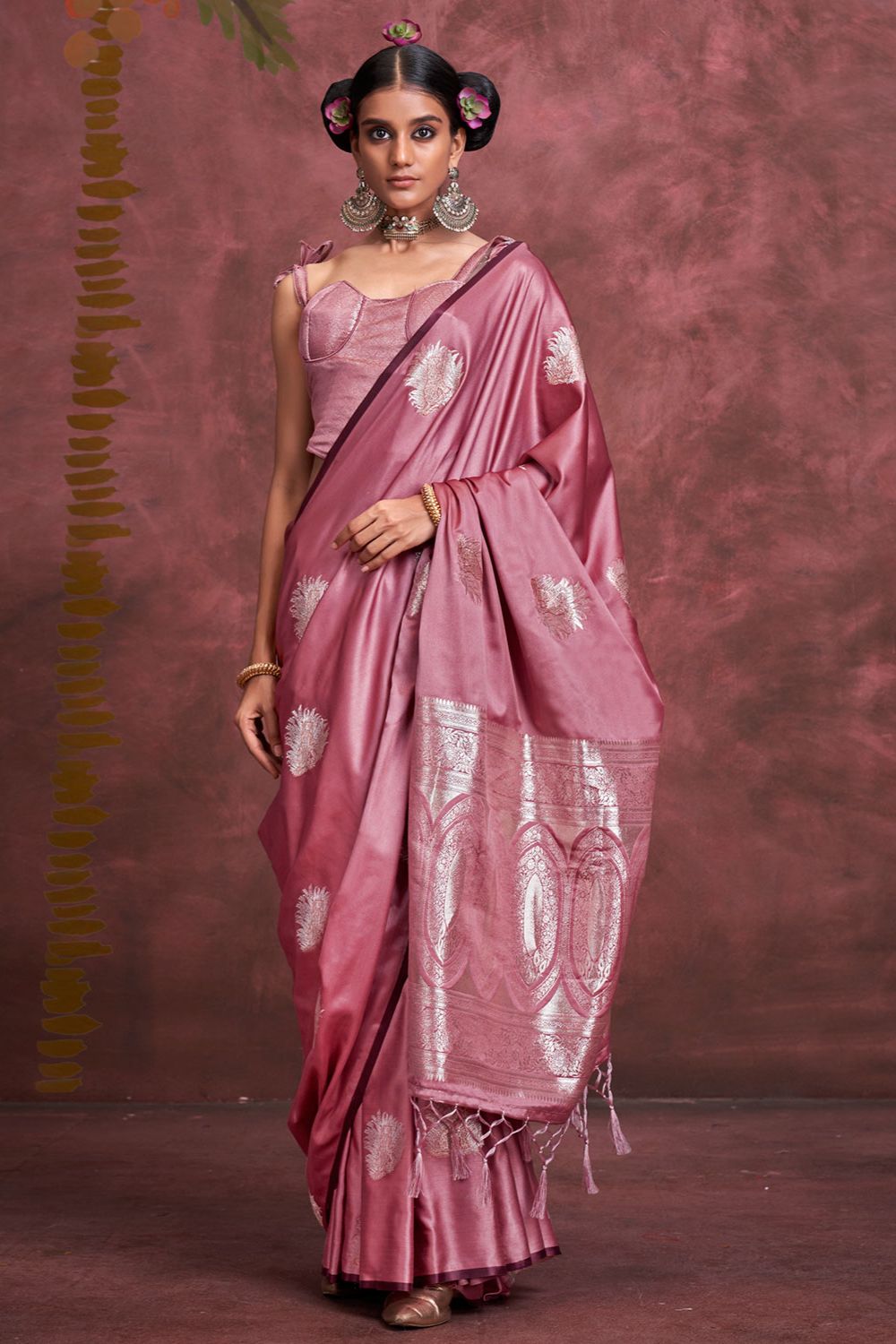 Old Rose Pink Handloom Weaving Pure Satin Silk Saree
