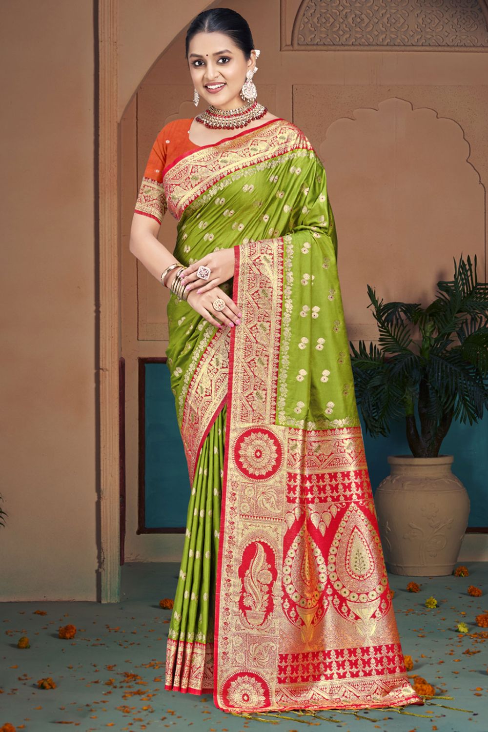 Olive Green Silk Woven Work Saree