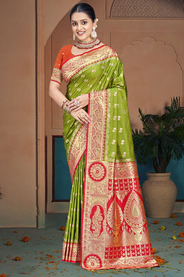 Olive Green Silk Woven Work Saree