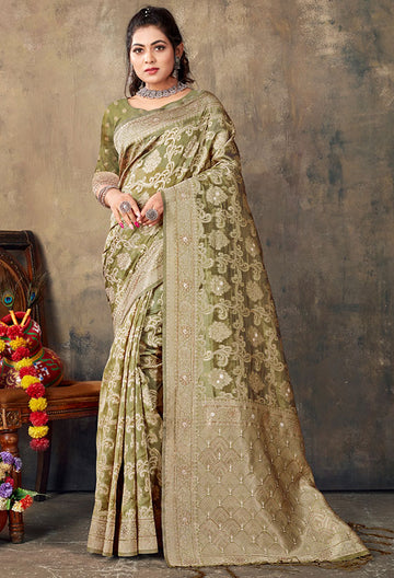 Olive Green Woven Organza Saree for Party