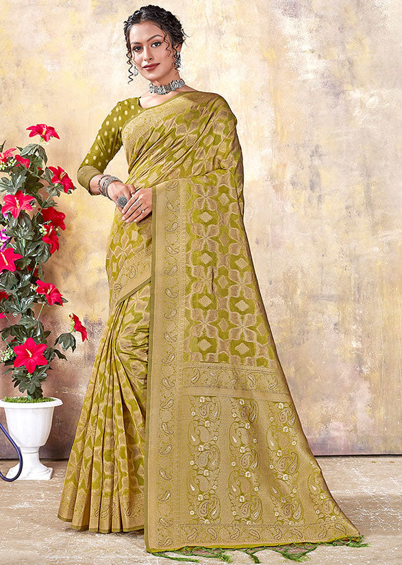 Olive Green Woven Organza Saree for Party