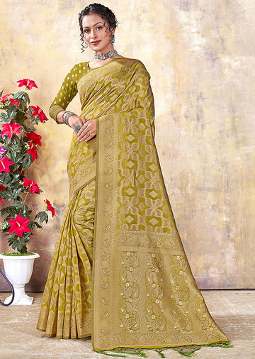Olive Green Woven Organza Saree for Party