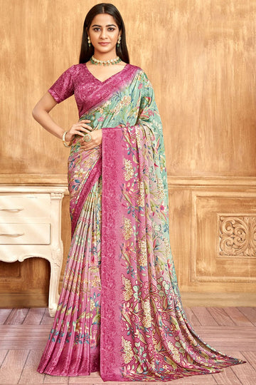 Onion Pink and Mint Green Silk Crepe Saree with Digital Print