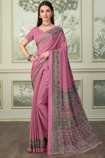 Onion Pink Silk Crepe Saree with Digital Print