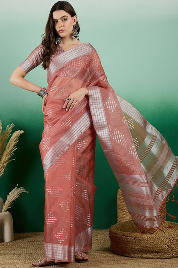 Orange Organza Woven Party Wear Saree