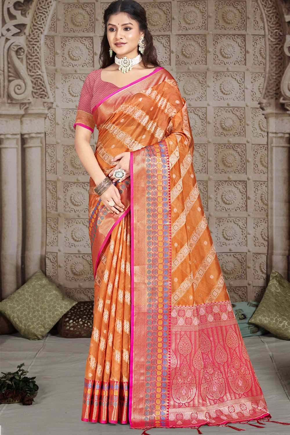 Orange Silk Woven Work Saree