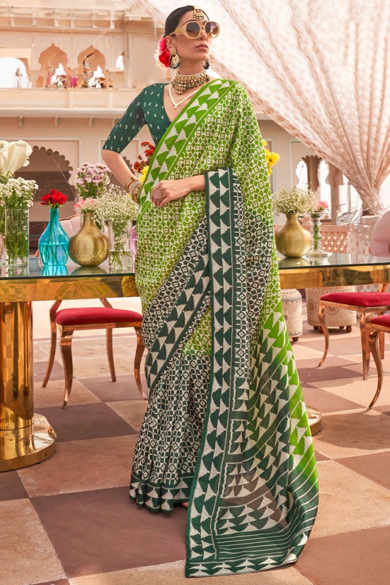 Parrot Green and Pine Green Mercerized Silk Saree with Patola Print