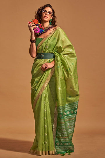Parrot Green Handloom Weaving Silk Saree for Party