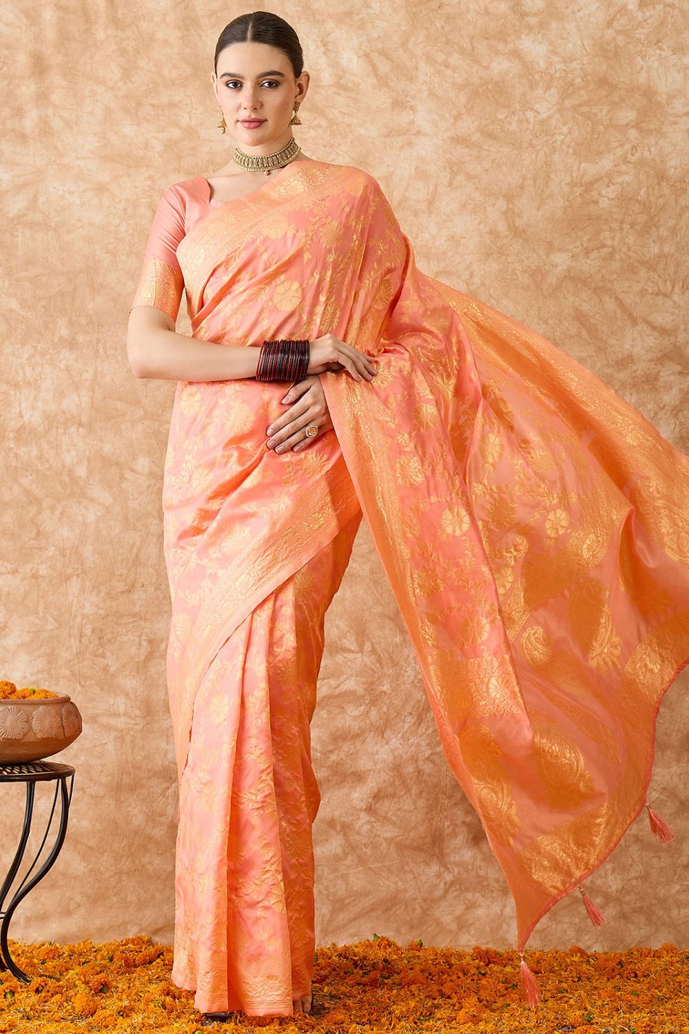 Peach Banarasi Silk Saree for Festival