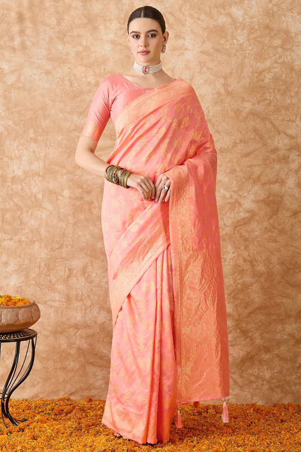 Peach Banarasi Silk Saree for Festival