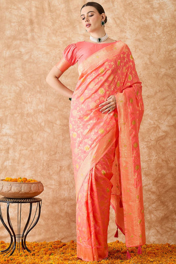 Peach Banarasi Silk Saree for Festival