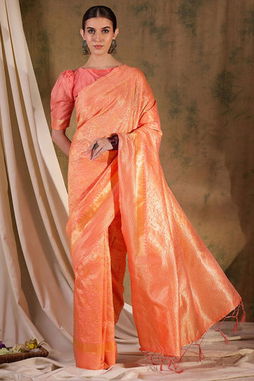 Peach Banarasi Silk Woven Saree for Festival